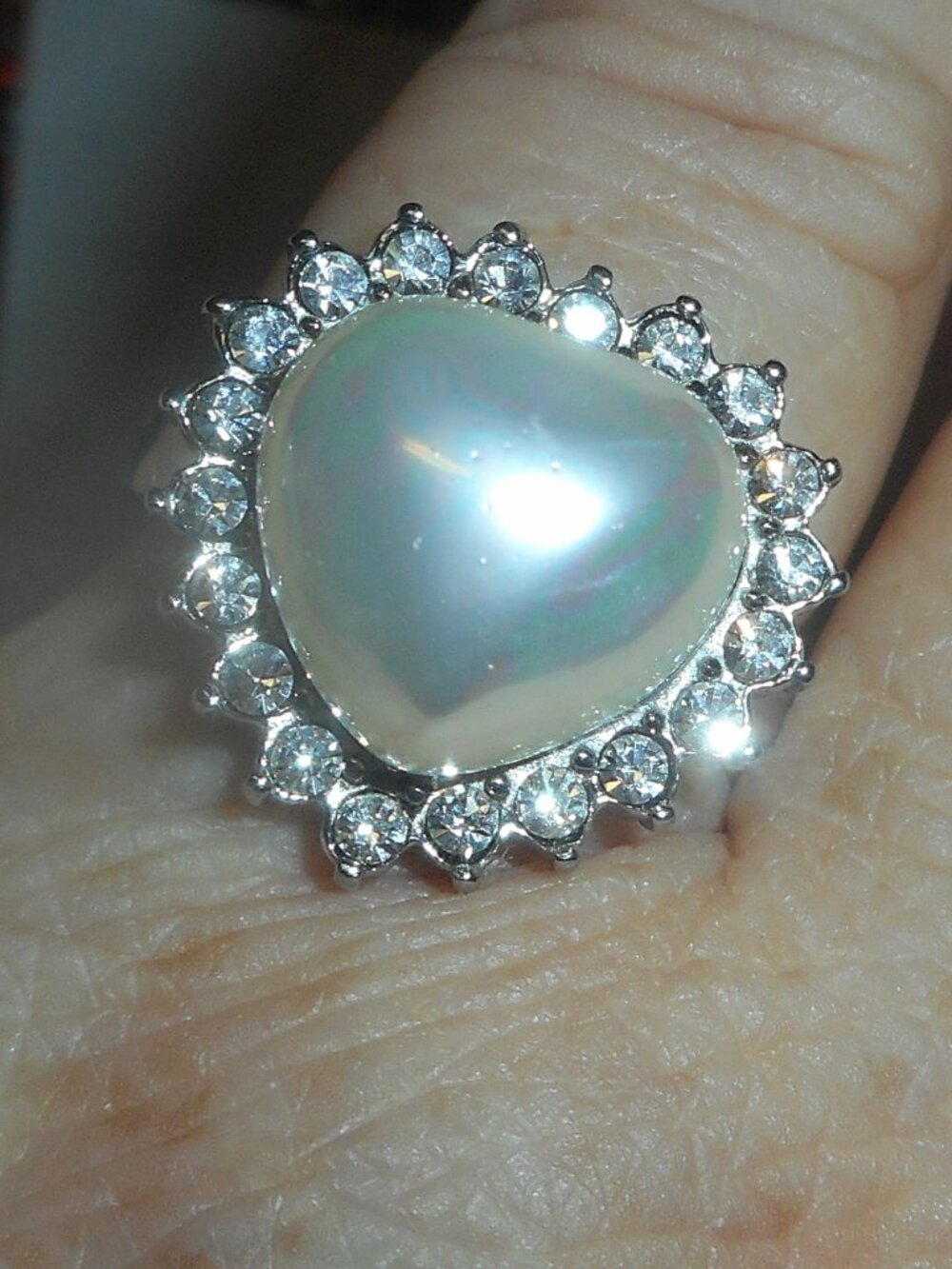 pearl & white stones ring on silver band - , RING SIZE ABOUT 9-10